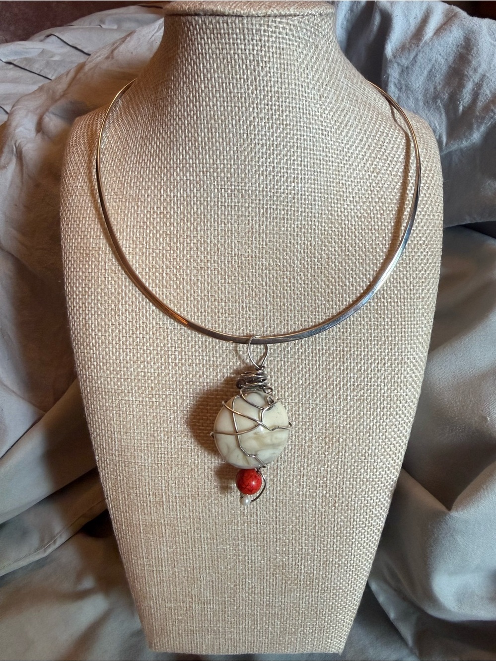 Sterling Silver Necklace & Pendant w/white stone & glass red bead.